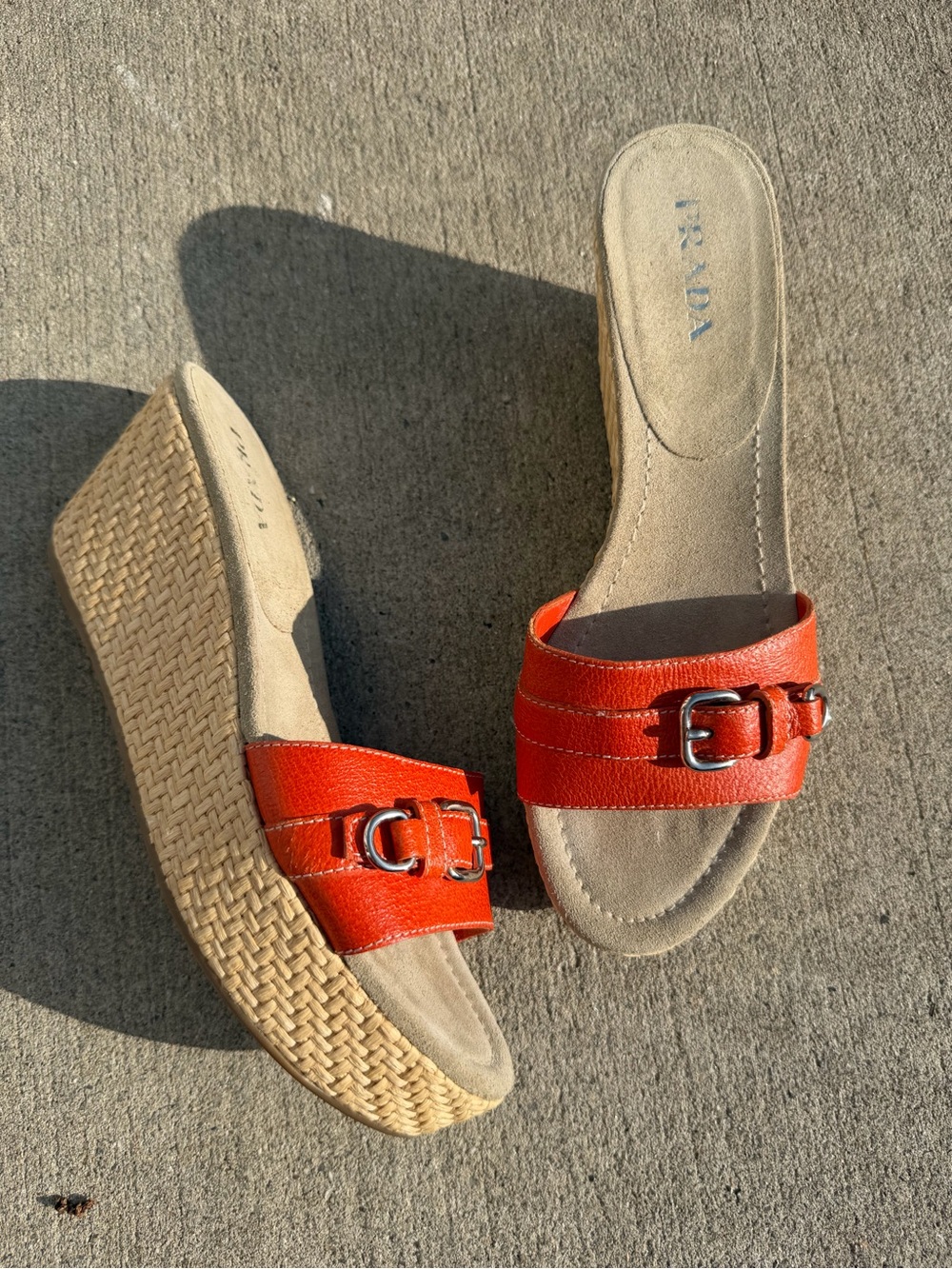 Prada Orange Leather Buckle Woven Wedge Slides